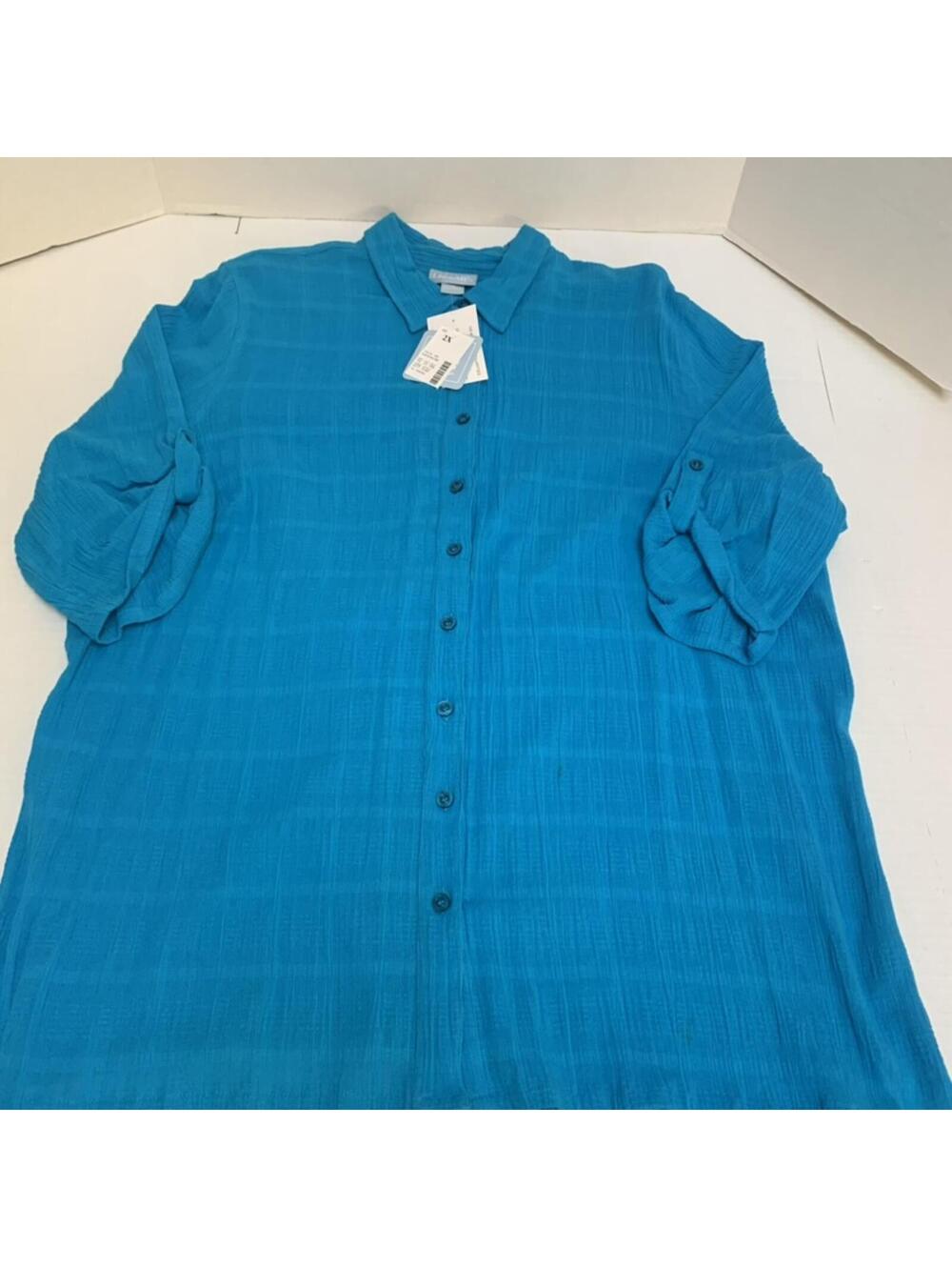 NWT Liz and Me Womans Size 2X Aqua Blue Short Sleeve Shirt Top Blouse